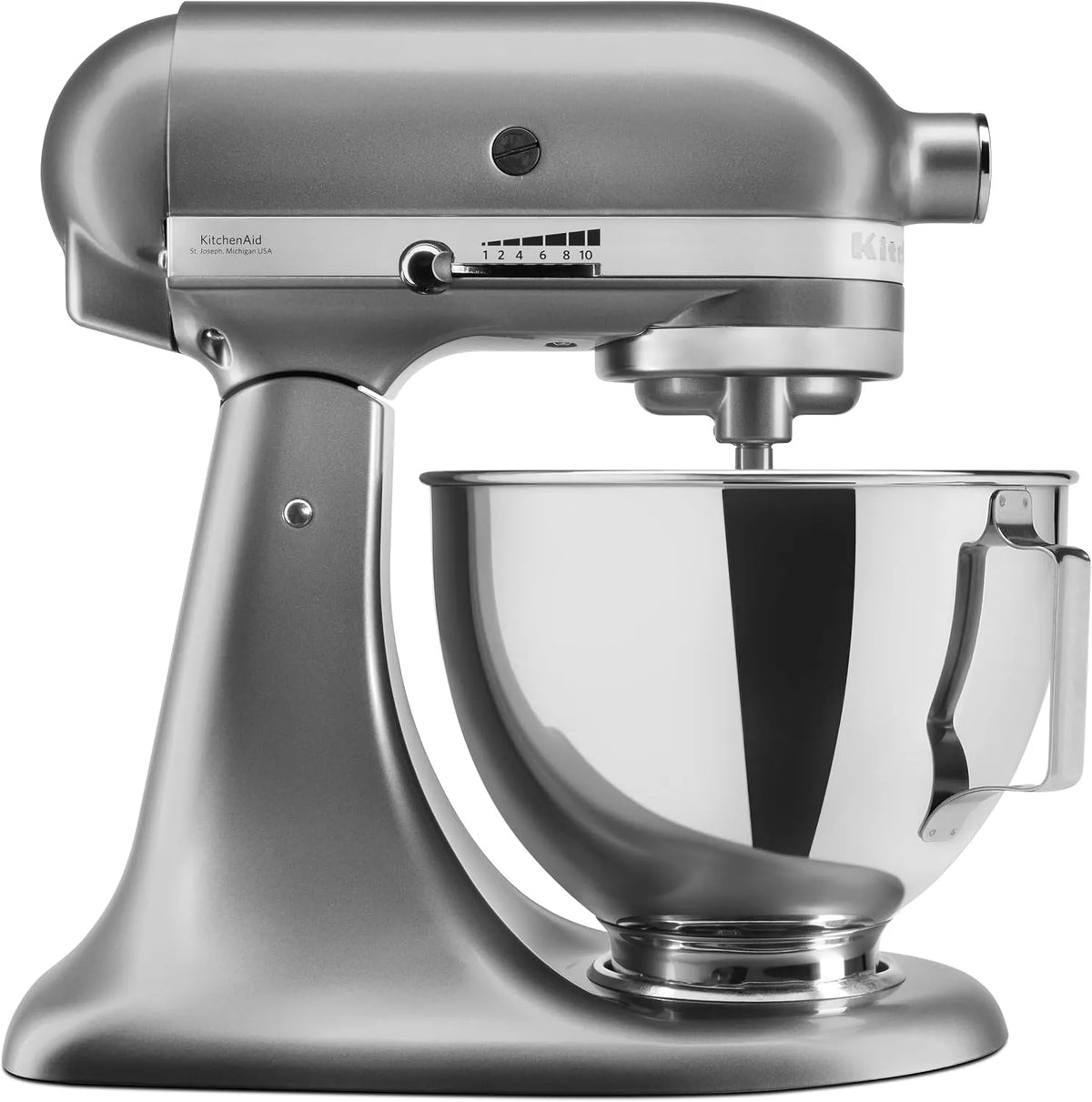 KitchenAid Küchenmaschine 5KSM95PSECU, Fassungsvermögen 4,3 L, 275 Watt, Spritzschutz, Flachrührer, Knethaken und Schneebesen, Silber