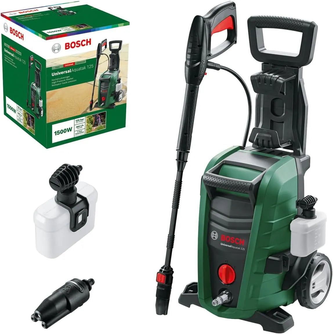 Bosch Hochdruckreiniger 3-in-1-Düse, max. Fördermenge: 360 l/h, UniversalAquatak 125, Druck: 125 bar, 5 m Schlauch, 1500 Watt, Schaumdüse
