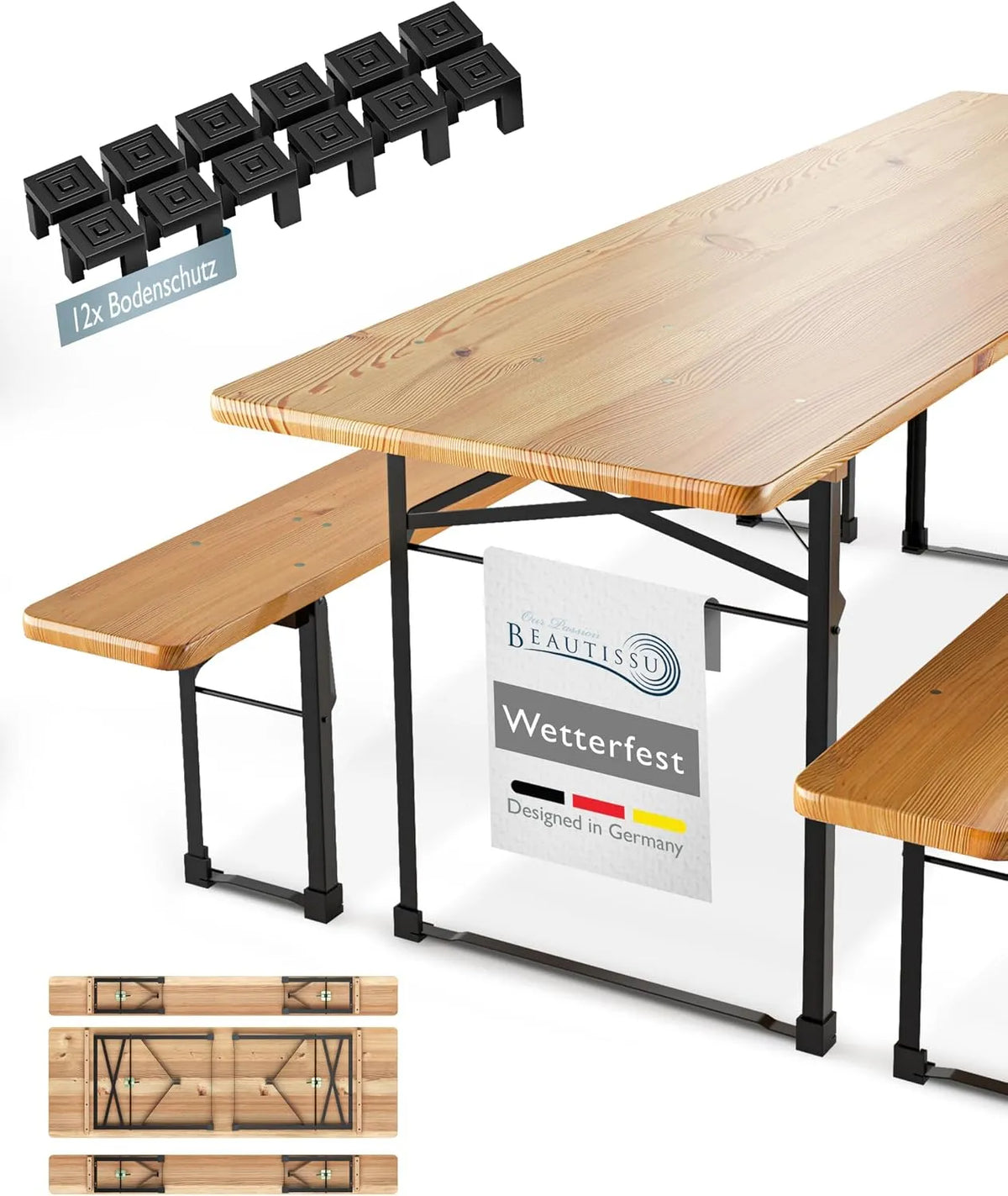 Modell Bierzeltgarnitur 220x50 cm Holz 3tlg Beautissu, 1x Biertischgarnitur & 2x Bierbank Biertisch Bierzeltgarnitur klappbar