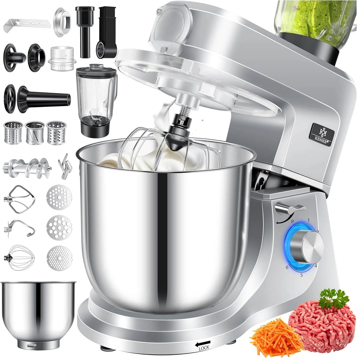 Kesser Küchenmaschine K-KM 3000, mit 3 Rührwerkzeuge, Fassungsvermögen 1,5L Entsafter, Pasta & Gebäckformen, 3 in 1 Universal, Zubehör-Set