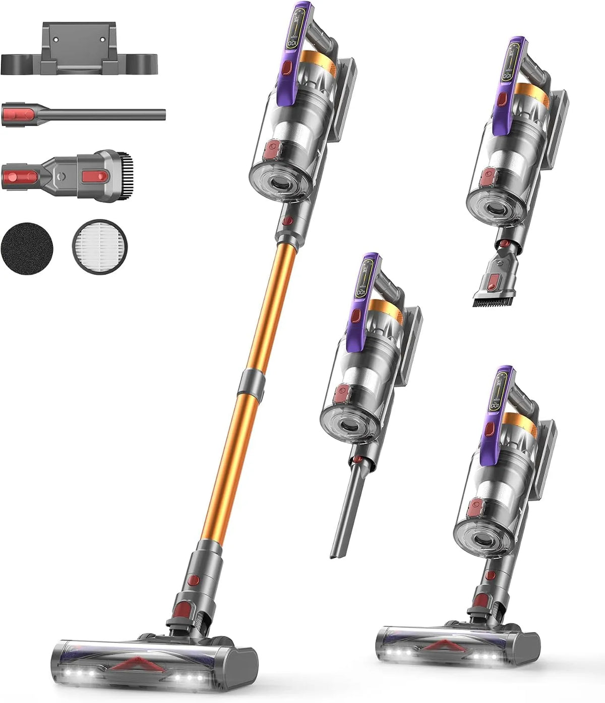 Staubsauger Akku, Leistung 600W, Fassungsvermögen 1.8L Kabellos mit Freistehender, Anti-Tangle-Bürste, Ultraleise, Hartböden, Auto, 50000Pa, 75Min
