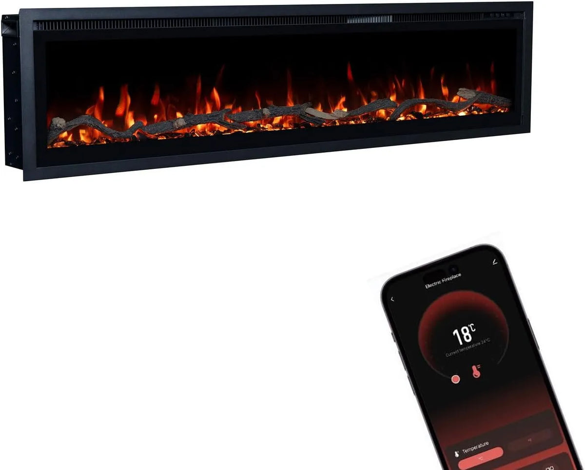 Elektrokamin GLOW FIRE, max. 1800 W, Core 152 mit realistischem 3D LED-Feuer, Maße 152x35x12cm, Wand mit Heizung und Kaminfeuer, App Steuerung