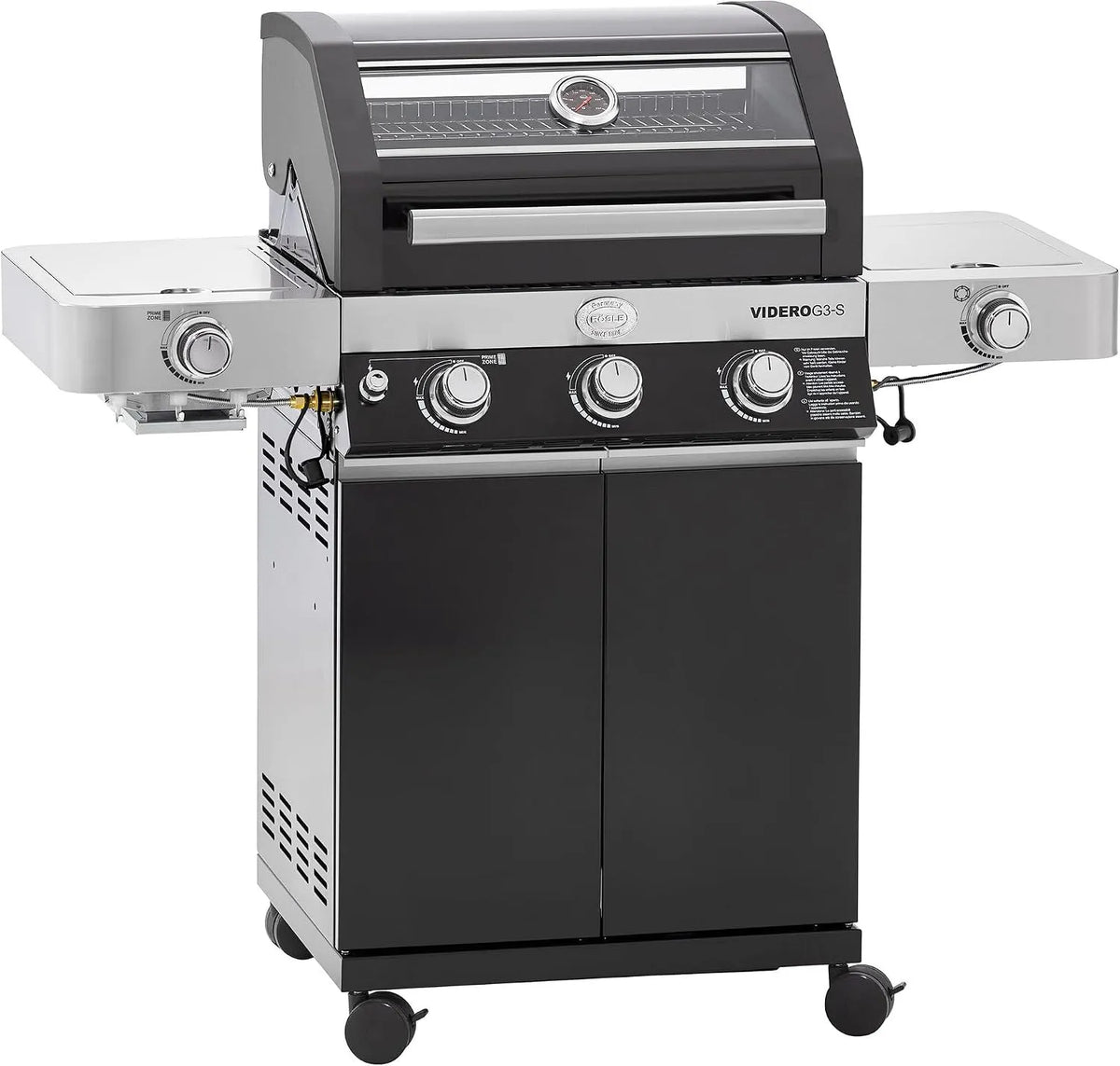 Gasgrill G3-S RÖSLE, BBQ-Station VIDERO in Schwarz, extra Primezone und Seitenbrenner, VARIO+, Grill mit 3 Edelstahlbrennern