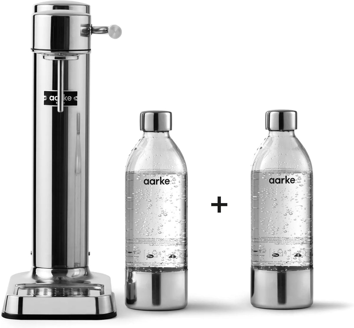 Kompatibel mit 60L CO2-Zylindern Aarke Carbonator, mit 2x BPA-freier 1L PET-Flasche, 3, Wassersprudler aus Edelstahl im modernen Edelstahl Finish