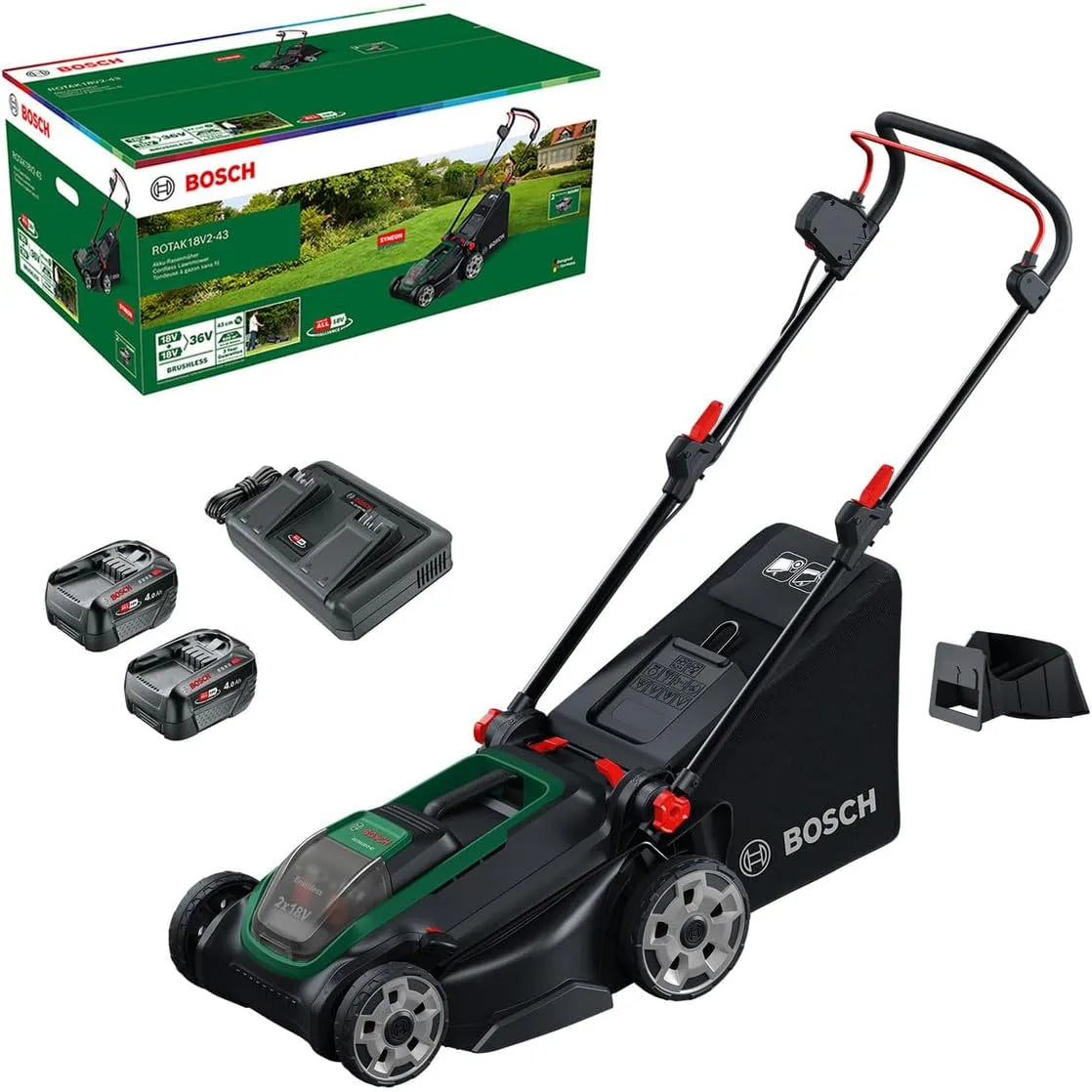 Bosch Rasenmäher ROTAK18V2-43, Akku, Schnittbreite: 43 cm, Schnitthöhe: 30-75 mm, Fassungsvermögen 40 l Stoff-Grasfangkorb, Mulchstopfen