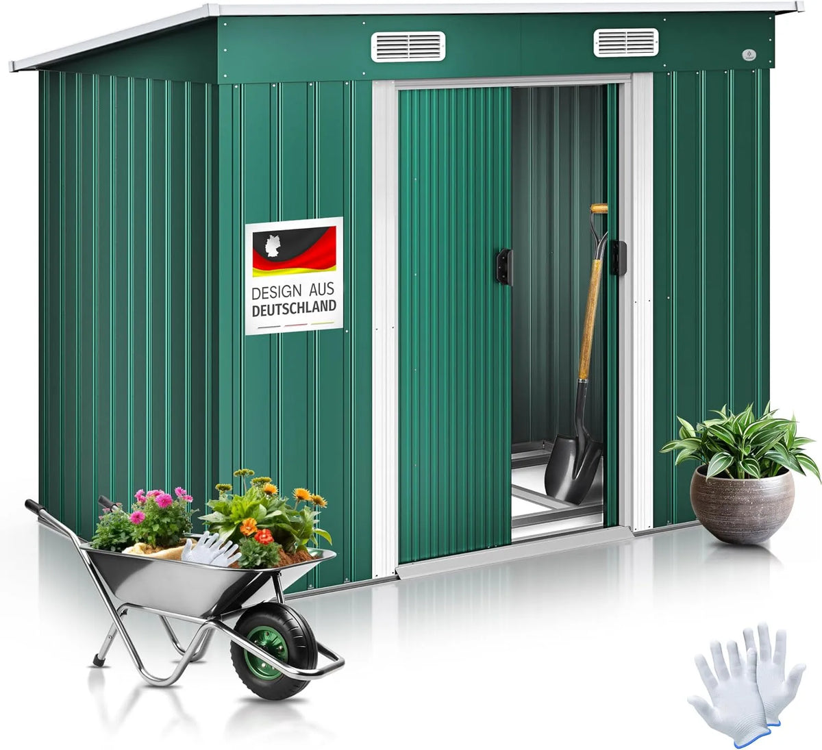 Kesser Gerätehaus, L Metall 4 m³ mit Fundament, Maße 194x112x181 cm, Gartenhaus Schrank, 2X Schiebetür & Fundament, Geräteschuppen