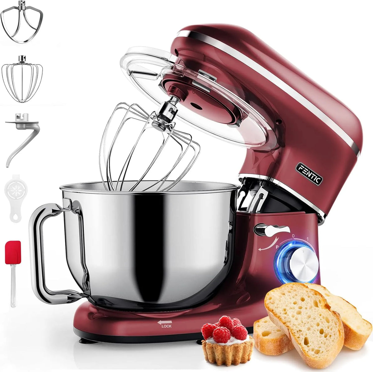 Küchenmaschine, Fassungsvermögen 6,2 L, Küchenmixer mit Rührhaken, Schlagbesen und Spritzschutz, Rot, Leistung 2000W, Edelstahl Rührschüssel