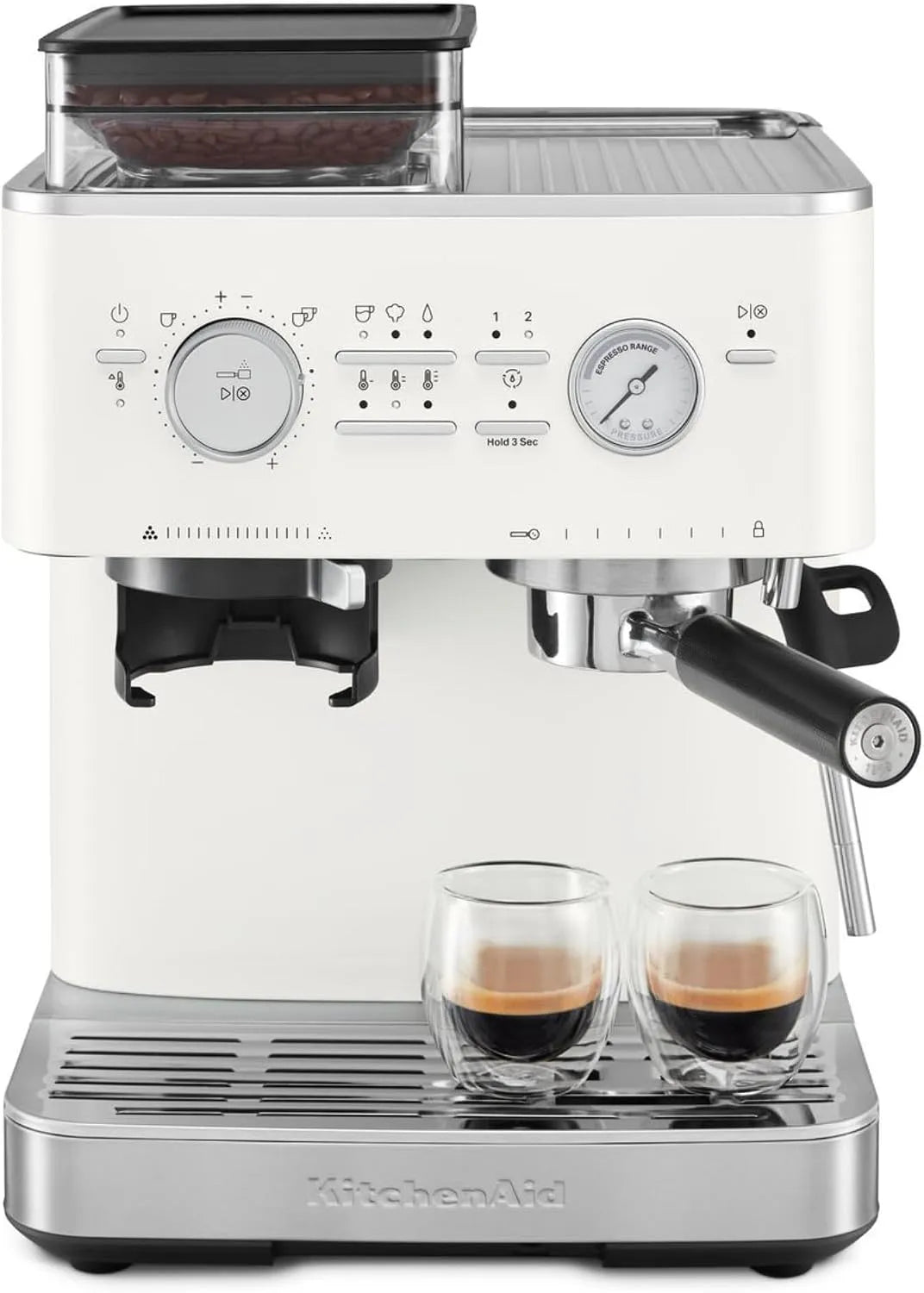 KitchenAid Kaffeemaschine, Milchkännchen, Bohnenbehälter, Weiss, mit mahlwerk I Halbautomatische Espressomaschine I Heißgetränke von Espresso bis