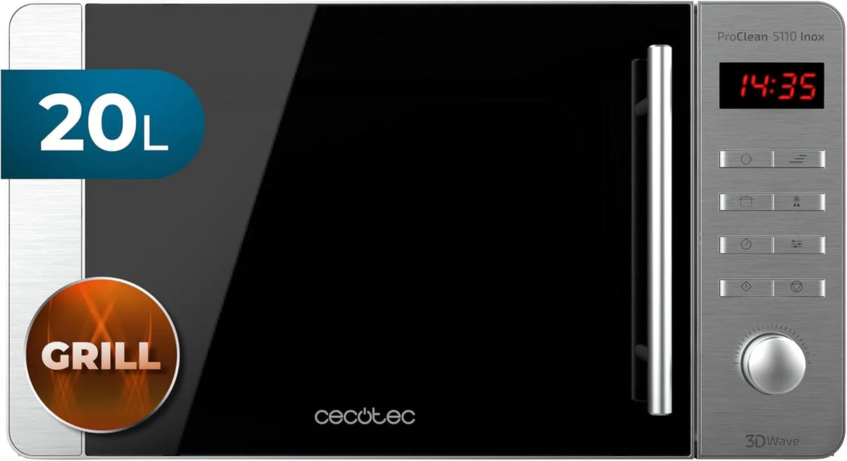 Cecotec Mikrowelle 5110, Pro Clean Inox. 700 W, Grill 800 W, Fassungsvermögen 20 L, Ready 2 Clean, Beschichtung 3D Wave Frontspiegel, LED