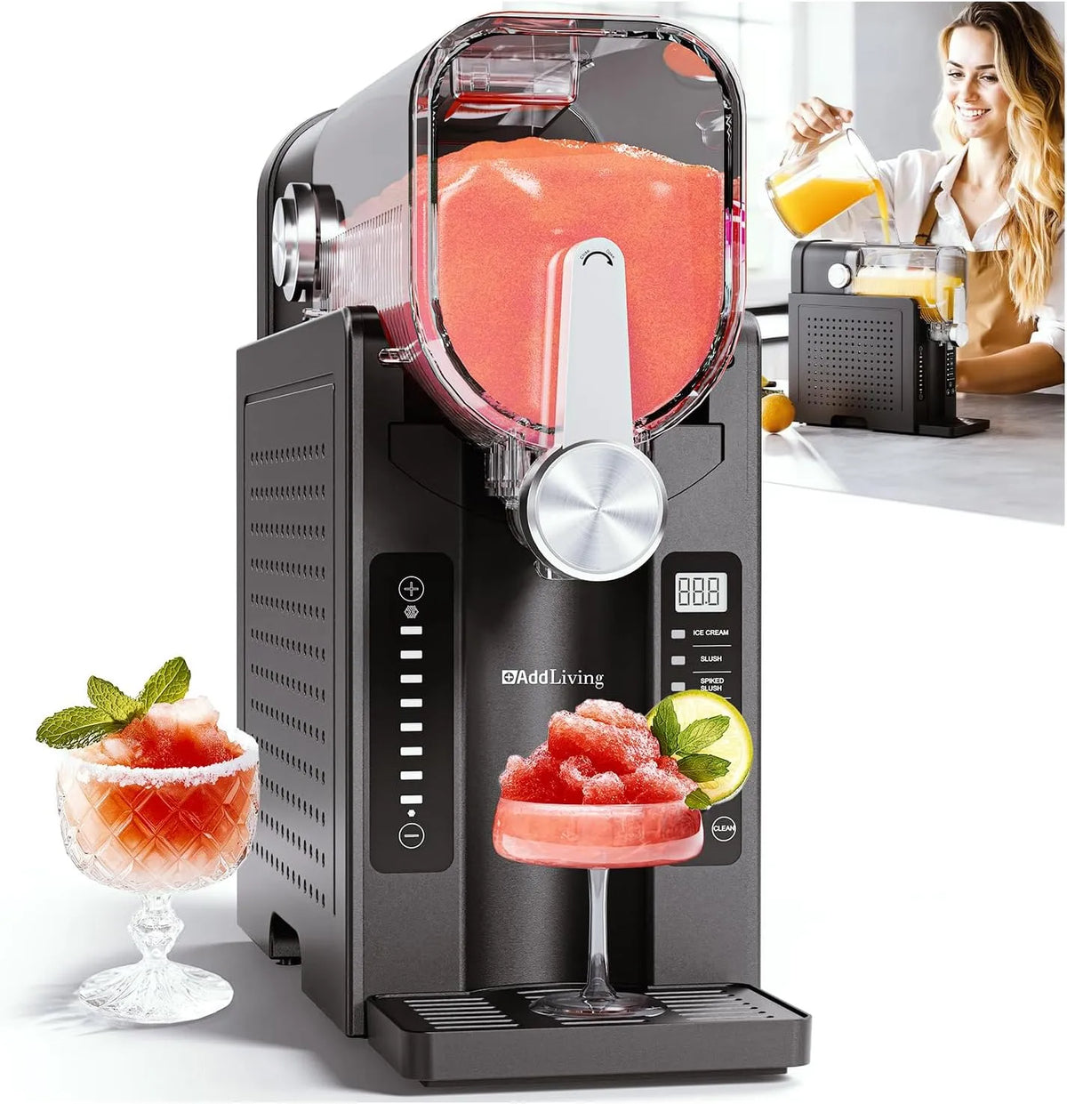 Slush-Maschine, Slushy Maker & Eismaschine mit 6 Programmen, für Zuhause, Softeis, Frappe, Milchshakes, Selbstreinigend, in Schwarz, Silber