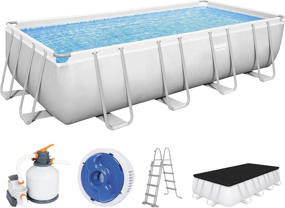 Bestway Pool, Power Steel Frame Komplett-Set mit Sandfilteranlage 549 x 274 x 122 cm, lichtgrau, eckig