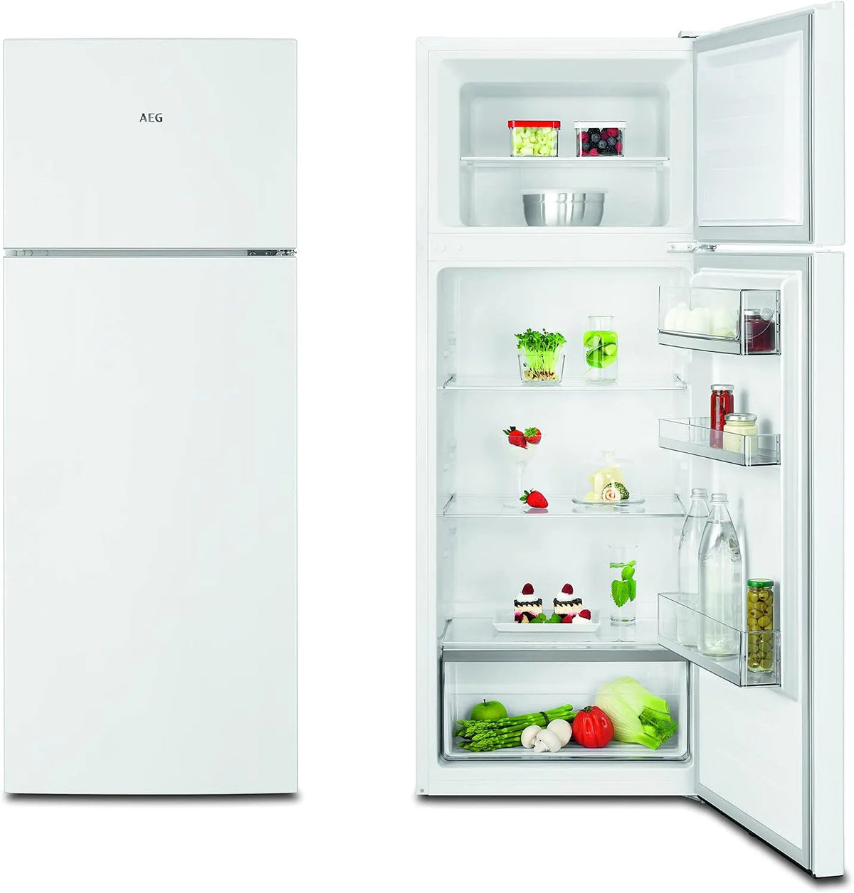 AEG Modell RDB424E1AW 5000, Fassungsvermögen 206 L, Serie mit ColdSense, Gefrierteil oben, weniger Eisbildung, 1434 mm, Freistehender Doppeltür