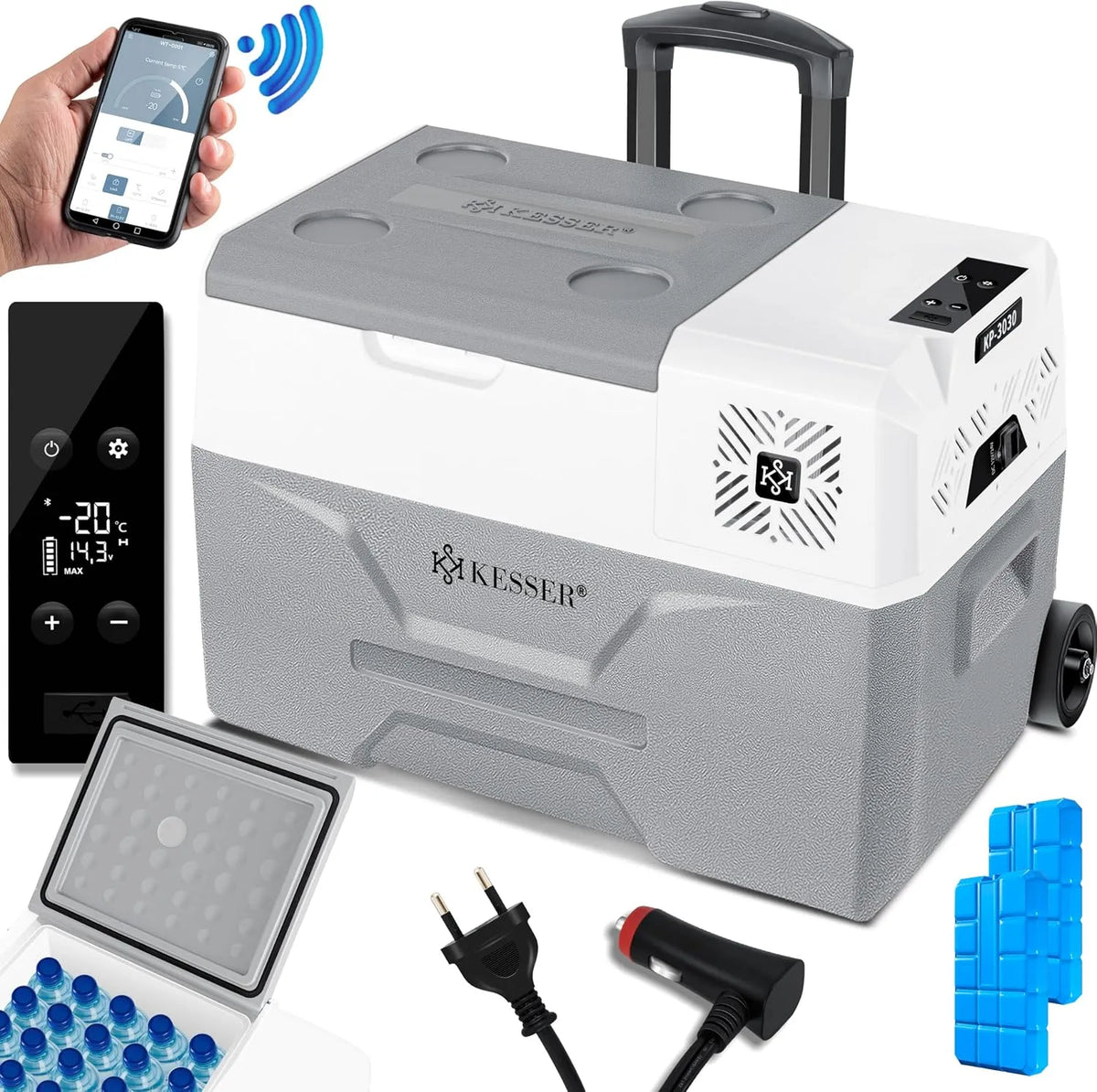 Kesser Kompressor, Fassungsvermögen 30 Liter Mit APP-Steuerung USB-Anschluss 12/24 V 230V, +Teleskopstange, Boot, Kühlbox elektrisch Gefrierbox, Lkw