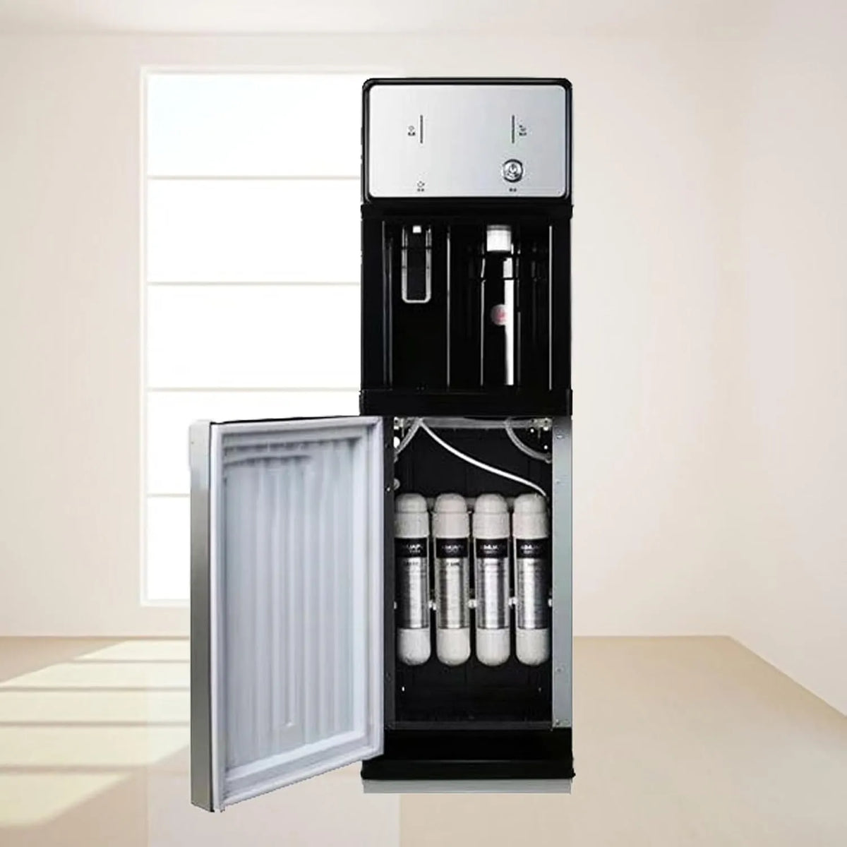 Mit Netzstromversorgung Wasserdispenser Wasserkühler, gefilterter Spender, Dreitemperaturspender, 4-stufiger Wasserfilter mit Wassermangelanzeige