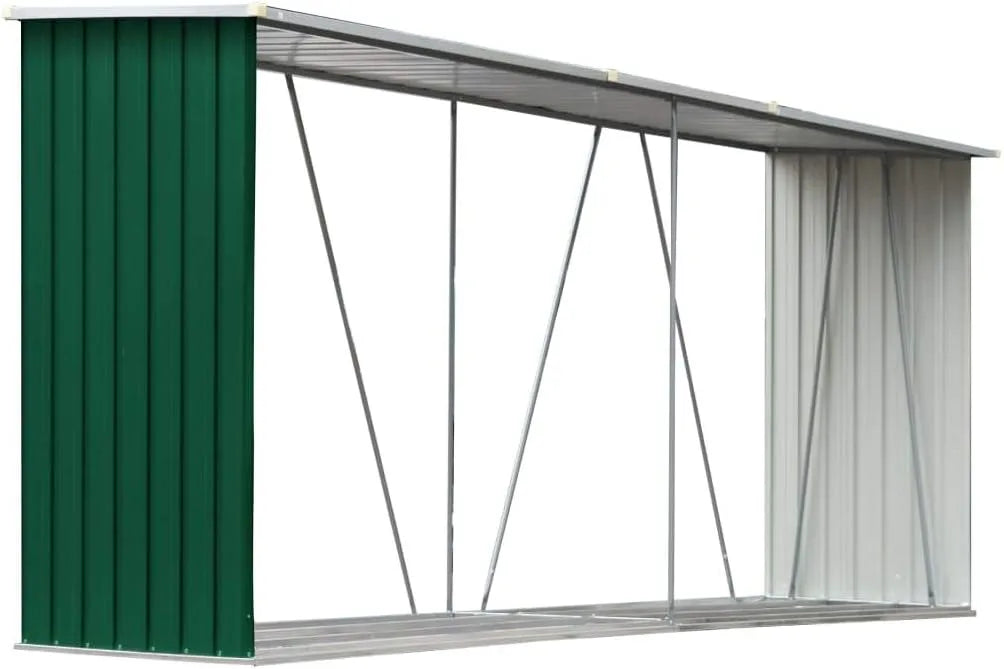 Gartenhaus, Lagerhaus Metall Kaminholzregal Outdoor Stahl Holz Holzscheithalter Grün 330x84x152 cm