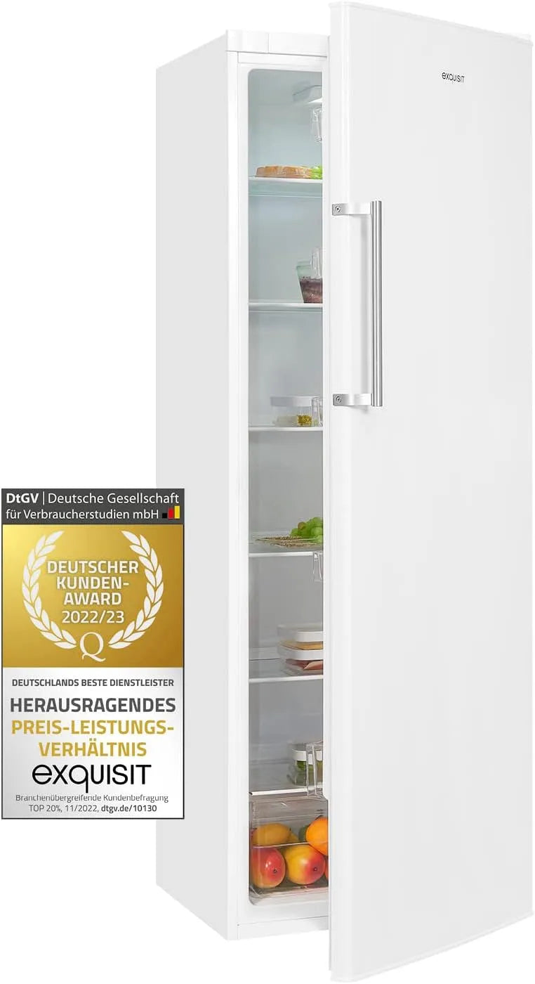 Exquisit Kühlschrank KS350-V-H-040E, Türanschlag wechselbar, ohne Gefrierfach in freistehender Ausführung 331 L Volumen, weiss, Gemüsefach, LED