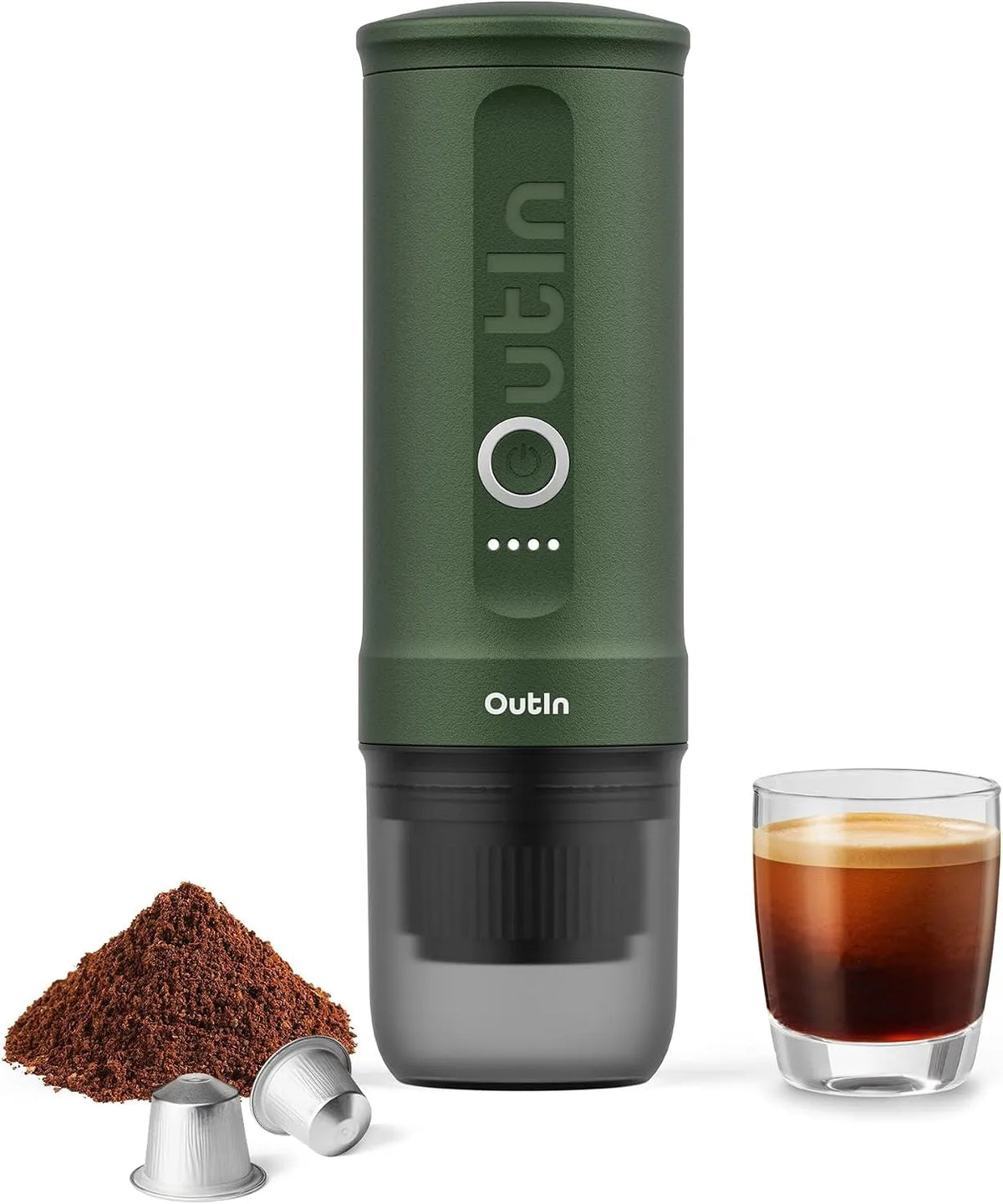 Espressomaschine OutIn Nano tragbar, Kaffeemaschine to go, 2 in 1 für gemahlenen kaffee und NS, akkubetrieben, für unterwegs oder Camping, kapseln