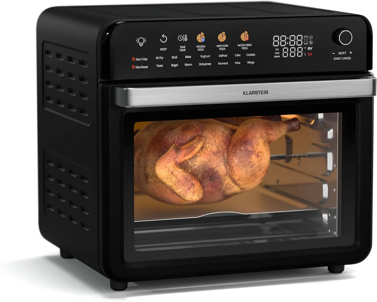 Klarstein Heißluftfritteuse, Fassungsvermögen 34 L, Leistung 2200 W, 19 Betriebsprogramme, 40-350 °C, AirGlaze Digital, Rotisserie, Touch Display