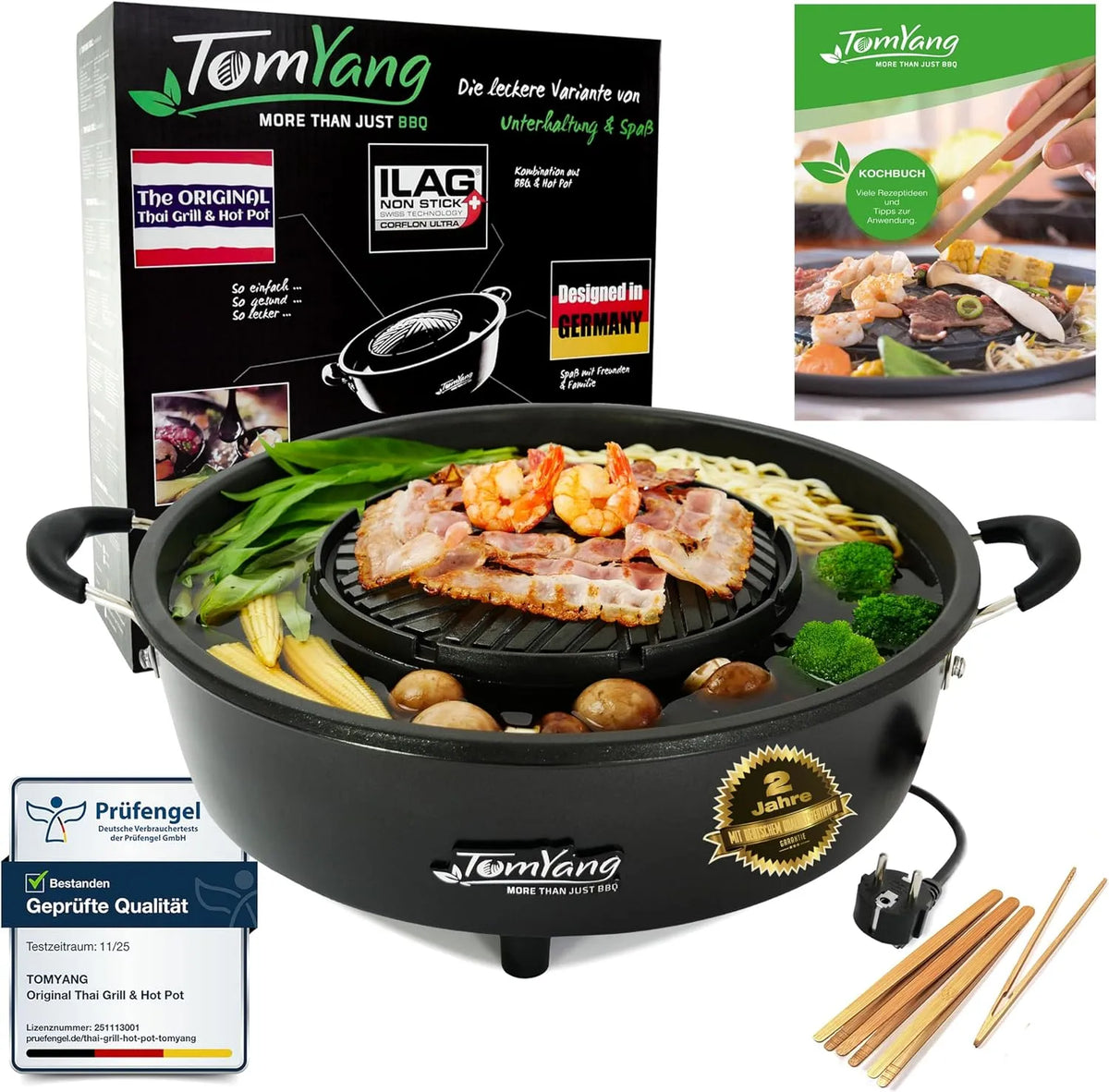 Grill, mehr als 100 Anleitungsvideos, Elektrischer Hotpot mit schneller Aufheizzeit, Mookata, 4 Grillzangen, Korean BBQ